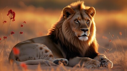 A majestic lion rests gracefully in the golden glow of a savanna sunset. His powerful yet relaxed form is surrounded by delicate red wildflowers swaying in the warm breeze.