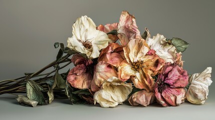 Beautifully dried bouquet of withered flowers in soft pastel colors