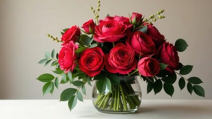 A Vibrant Bouquet of Deep Red Roses Gracefully Arranged in a Clear Glass Vase, Showcasing the Beauty of Nature's Floral Masterpiece