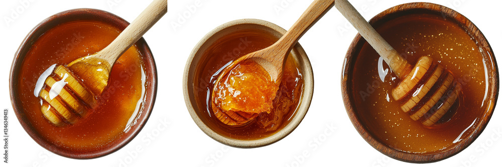 Poster a transparent background isolates a generative ai image of a bowl of honey pouring and a honey stick