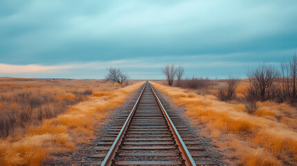 Obraz premium railway, train, rail, railroad, track, transportation, travel, tracks, transport, sky, road, steel, landscape, perspective, rails, way, line, distance, journey, long, path, nature, iron, parallel, met