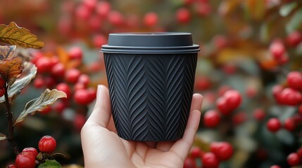 A hand is holding a black coffee cup outdoors in nature