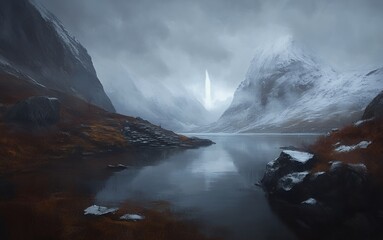 Fototapeta premium Serene Winter Landscape Snowy Mountains Lake Mist sky fog art cold calm view grey blue