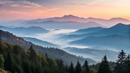 Obraz premium Tranquil Mountain Landscape with Rolling Mist and Pastel Sunrise, Featuring a Scenic High-Altitude View and Large Empty Space for Branding, Advertising, and Marketing