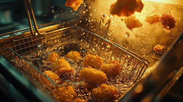 Golden-brown food items being deep-fried in a metal basket submerged in hot oil inside an industrial kitchen fryer.
