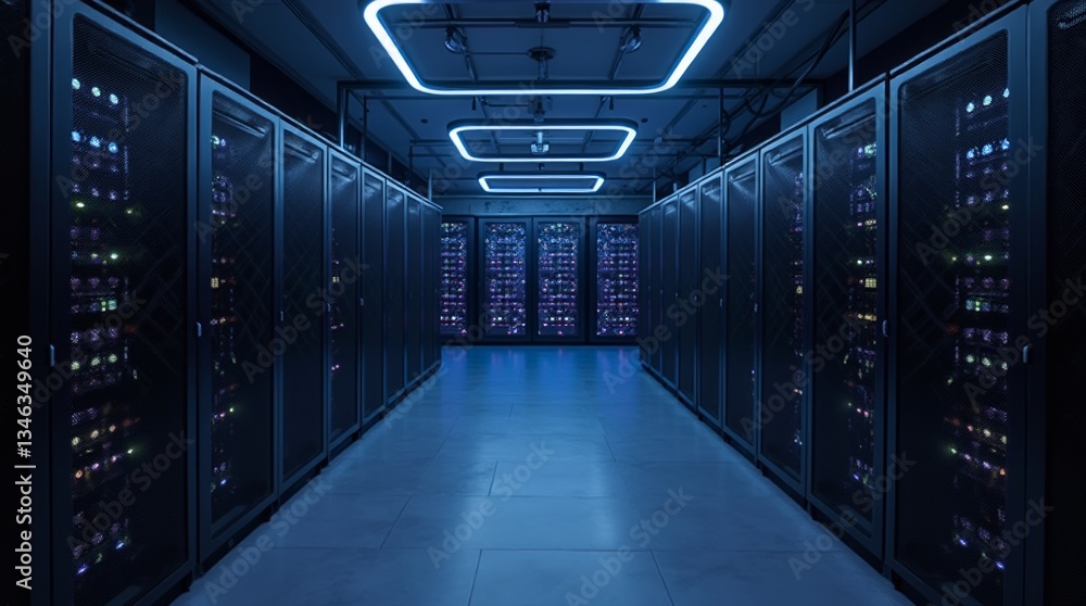 Poster server room: a state-of-the-art server room showcasing rows of powerful servers humming with data pr