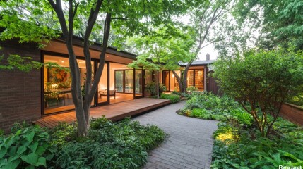 Obraz premium Beautiful home showcases lush food garden and eco-friendly design in a serene outdoor setting