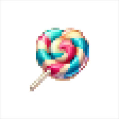 Obraz premium Pixel lollipops.Candy on a stick with a bow.Multicolored delicious sweets.Figured sugar crafts.Caramel on a stick.Children's joys.Retro lollipop icons.