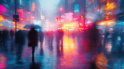 Rainy city street at night with blurred pedestrians and neon lights.