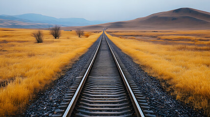 Fototapeta premium railway, train, rail, railroad, track, transportation, travel, tracks, transport, sky, road, steel, landscape, perspective, rails, way, line, distance, journey, long, path, nature, iron, parallel, met