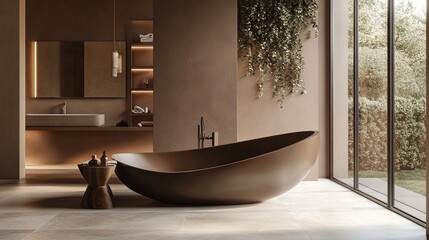 Luxurious brown bathroom with a large cozy bathtub