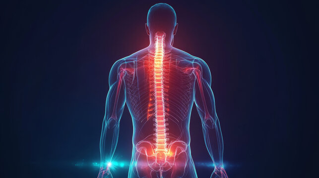 Anatomical illustration showing a spine with areas of pain, perfect for medical and health-related content.
