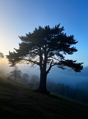 Obraz premium A tall and straight solitary pine in the morning mist among the mountains.