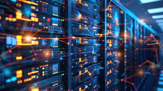 A modern data center showcasing advanced technology for data management and internet connectivity. This image highlights the systems in action, demonstrating upload and download processes.
