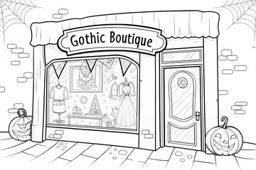 Fototapeta premium Store Front theme, Gothic boutique storefront with Halloween decorations and cobwebs. Outline for coloring.