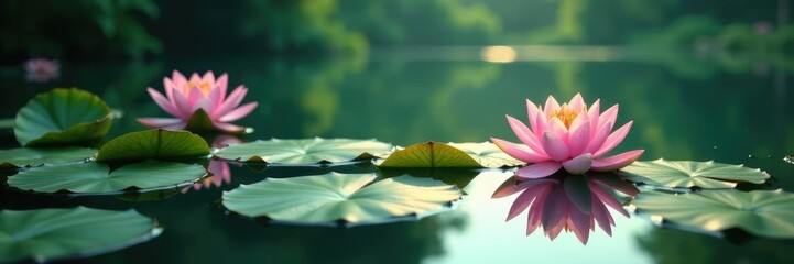 Water lilies and lotus leaves reflect in the calm lake surface, lotus flowers, lake scenery