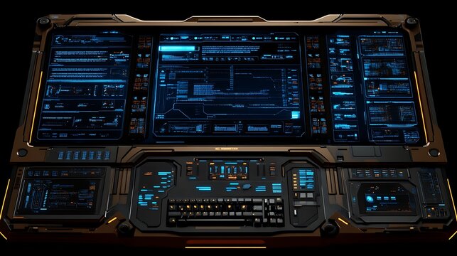 A futuristic control panel displays information and command readouts