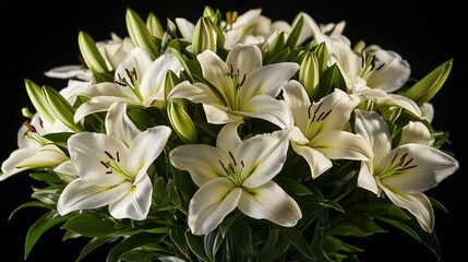 Obraz premium Elegant white lilies bouquet with fresh buds on a black background