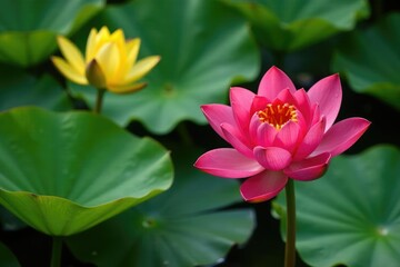 Fototapeta premium Water lily with bright red and yellow petals unfolding, red lotus, greenery, yellow lotus
