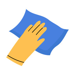 An illustration of a yellow glove holding a blue cloth. Cleaning concept.