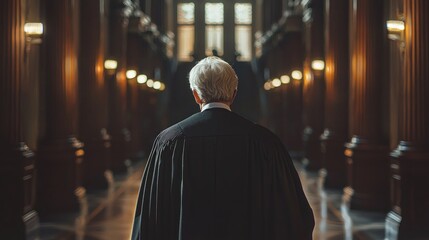 Naklejka premium The Judge's Walk: A Solitary Figure in a Grand Hall