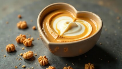 Heart-shaped bowl of creamy pumpkin dessert with swirl of topping, surrounded by small star-shaped cookies on a dark surface.