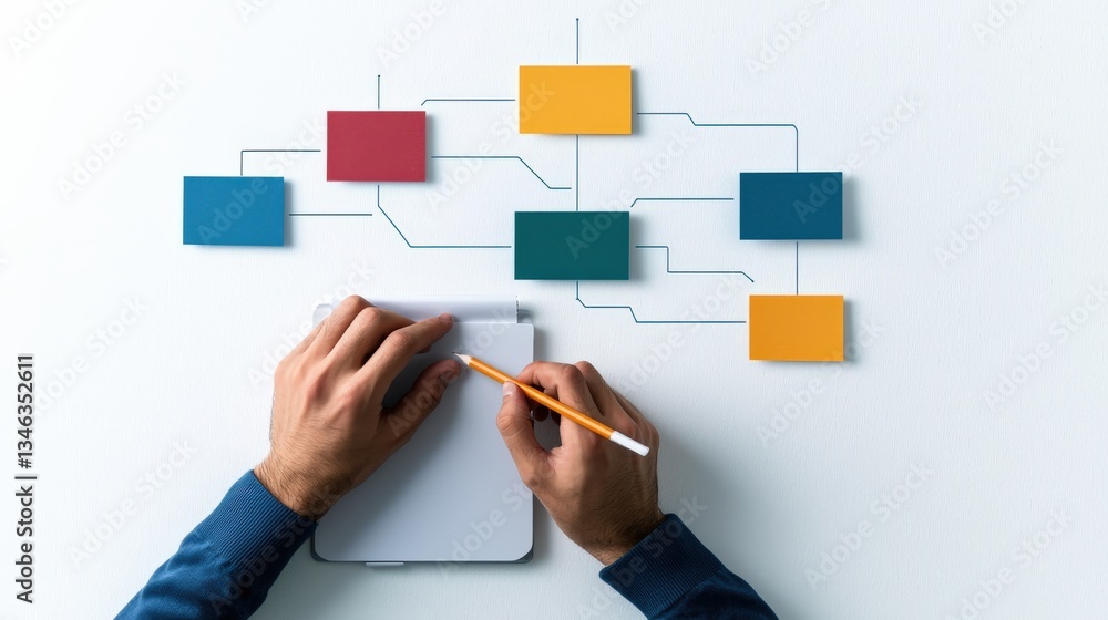 Aufkleber utility resources planning concept. hands drawing a flowchart on a white surface with colored boxes.