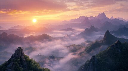 Generic Traditional Chinese Scene Sunrise Mist Detailed