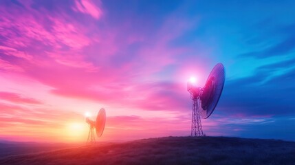 Exploring satellite communication remote hills digital artwork skies wide angle futuristic technology