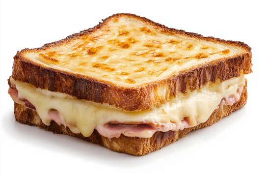 A close-up of a delicious croque monsieur isolated on a white background