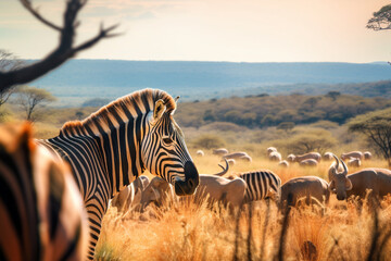 Fototapeta premium tableau of existence unfolds upon African savanna, where herds traverse boundless horizons, while an ethereal bond between species and land weaves a tapestry of profound interconnectedness 