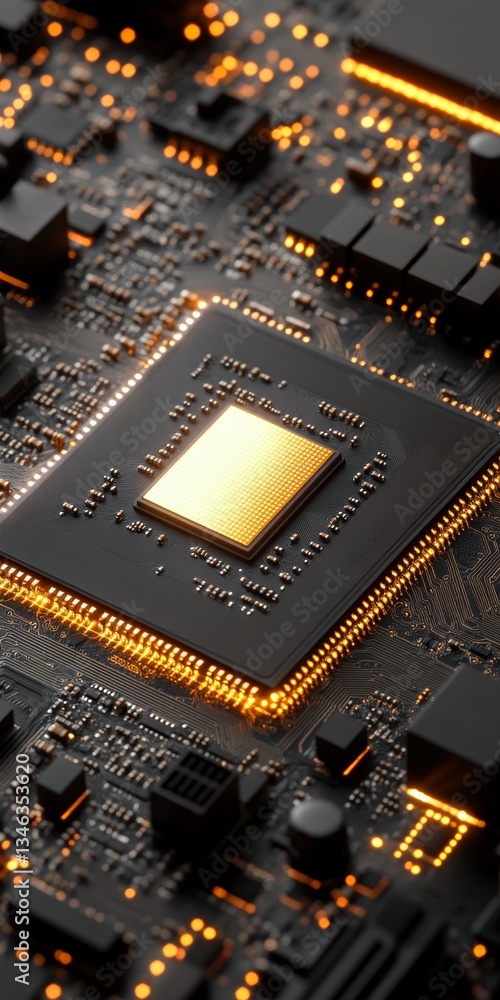 Poster glowing ai chip on futuristic circuit board representing artificial intelligence and technology