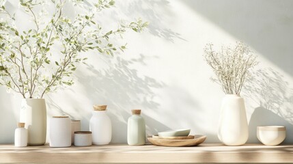 A serene arrangement of minimalist vases with floral elements captures the essence of natural beauty in a soft, light-filled ambiance. Perfect for elegant decor.
