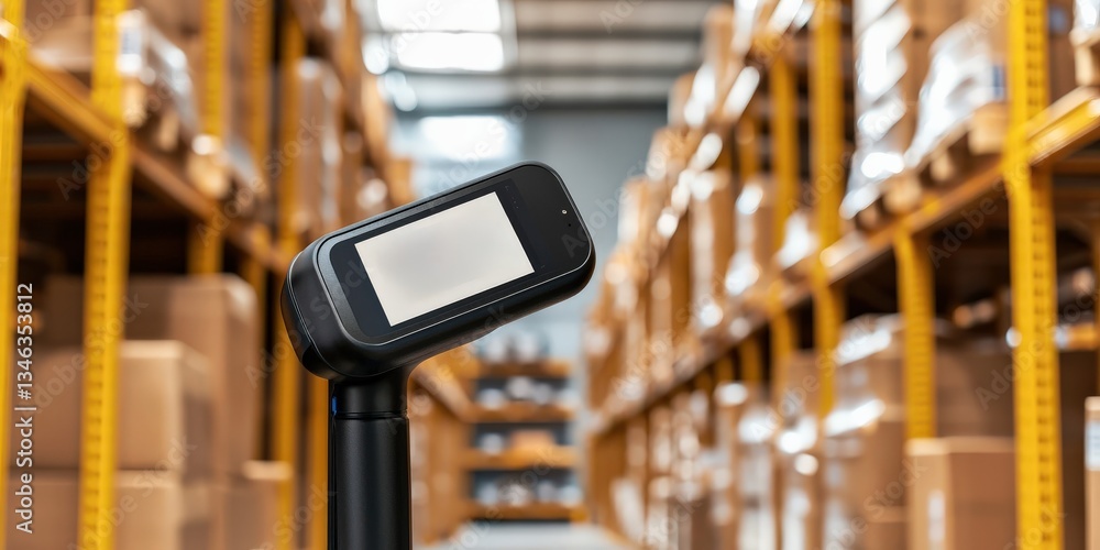 Poster utility resources planning concept. smart device in a warehouse with shelves of stored boxes.