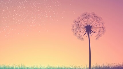 Fototapeta premium Dandelion silhouette at sunset with blowing seeds.