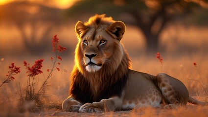 The background is a dreamy blur of warm oranges and soft browns, creating a serene and ethereal atmosphere. The scene captures the tranquility and grandeur of the wild."