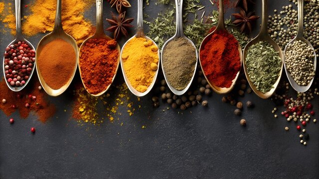 Assorted Colorful Spices in Spoons on Dark Background