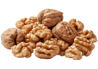 A pile of rich, brown walnuts with rough, textured shells, some cracked open to reveal the nut inside, 