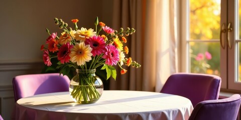 Vibrant Gerbera Daisies in a Glass Vase Adorn a Table Set for a Sunny Breakfast