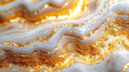Wavy gold and white layers texture, marble-like material abstract background
