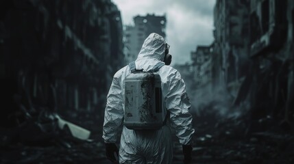 Post-Apocalyptic Survivor: A lone figure in a hazmat suit navigates a desolate, ruined cityscape, a haunting reminder of a lost civilization.