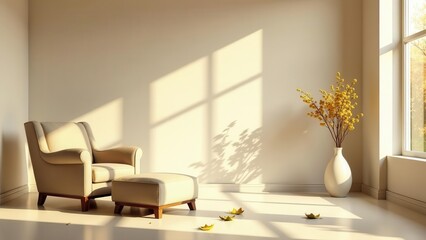 Serene Interior Design with Upholstered Armchair and Ottoman, Illuminated by Warm Sunlight Streaming Through a Window, Featuring a Simple Floral Arrangement in a White Vase on a Light Floor