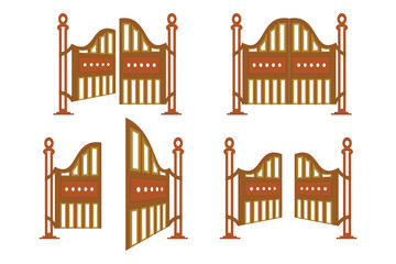 This vector illustration features a set of four flat-style gate icons, each showcasing a different opening position. The gates are designed with a classic, stylized.