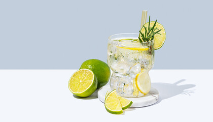 Mohito cocktait with lime, lemon, rosemary and ice in a glass on a white blue background with shadow.