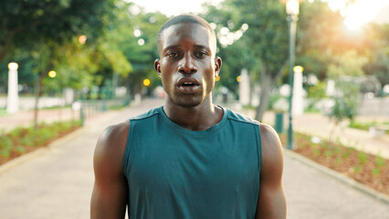 Fitness, tired and black man with portrait at park for workout recovery, running fatigue and...