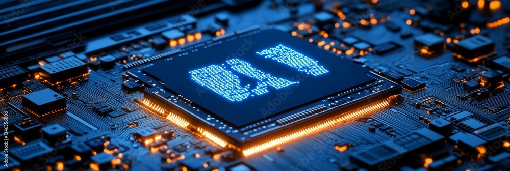 Poster ai brain chip motherboard high angle view of futuristic artificial intelligence core