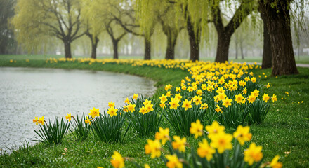Obraz premium Spring daffodils along misty park pathway, Tranquil morning landscape with willow trees and yellow flowers, Nature awakening scenery for garden design and seasonal concepts