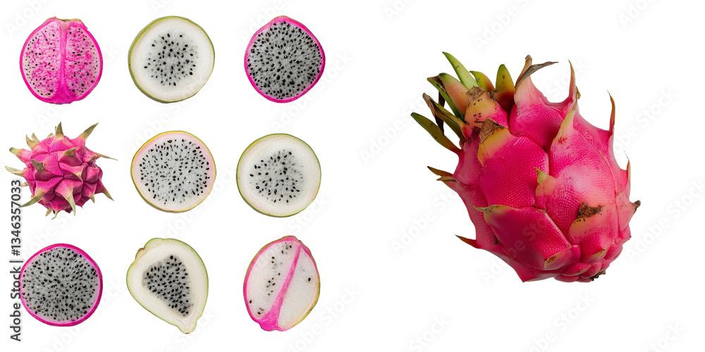 Poster Half red flesh dragon fruit on a transparent background was generated using stock known as Generative Ai