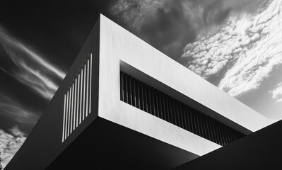 Modern architectural design showcasing a striking white structure against a dramatic sky