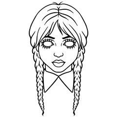 Cartoon girl with braids, big lashes. Vector illustration for stickers, t-shirts, clipart, cut files, designs.